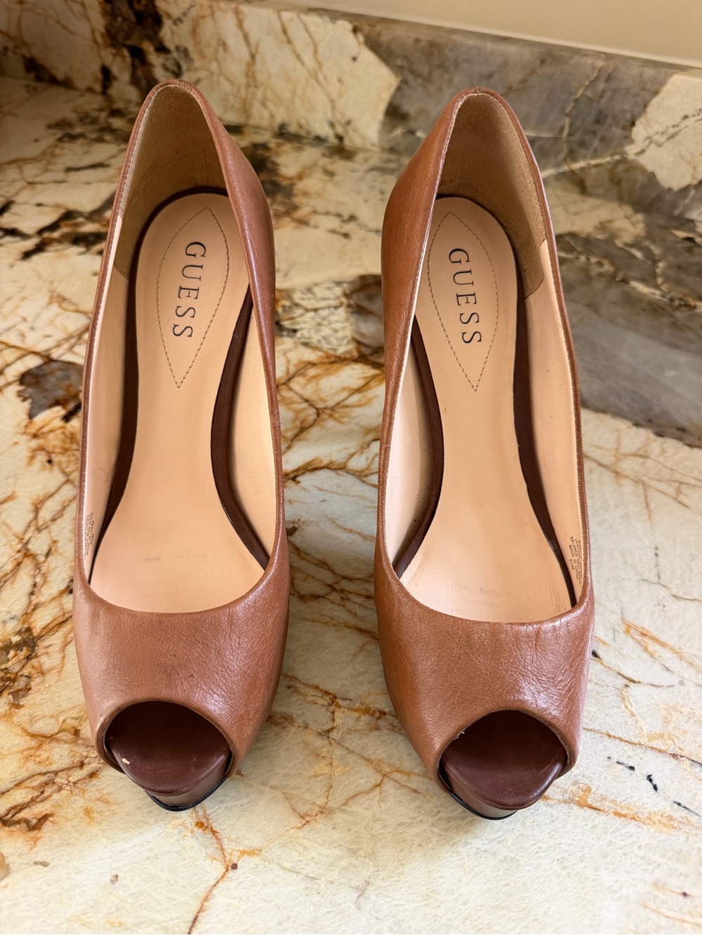 GUESS Tan/Brown Peep-Toe Leather Pumps